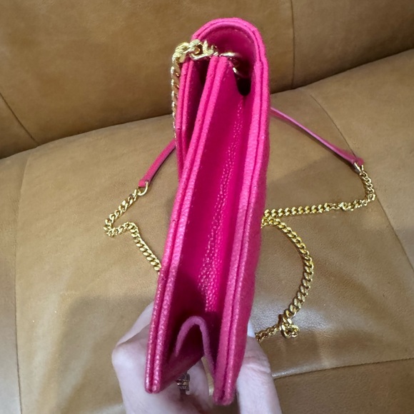 YSL Saint Laurent Bright Pink Chevron Quilted Caviar Leather Wallet on Chain WOC - Picture 5 of 17